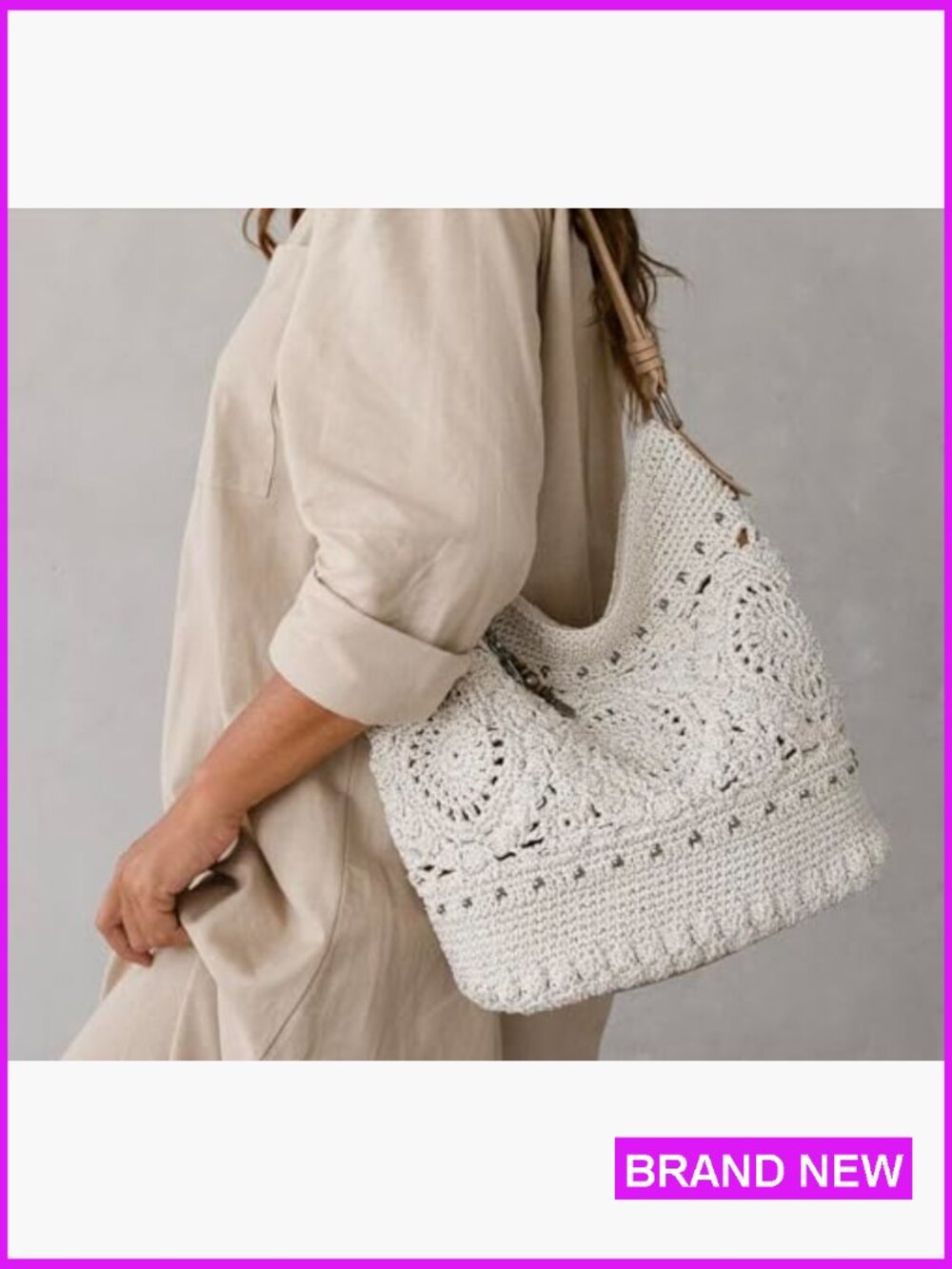 Hand Crochet Hobo Bag Spacious Tote Purse with Zipper Pocket Travel Everyday - Picture 4 of 7